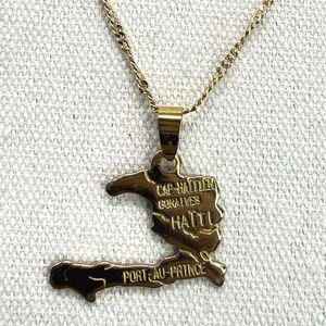 Haiti Map Pendant Necklace‎ Cap Haitian Gonaives Port au Prince Gold Tone Charm